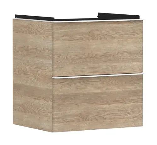 Waschtischunterschrank in Holzoptik von Hansgrohe mit zwei Schubkästen und schwarzem Oberschrank. Modernes Design, geeignet für Badezimmer.